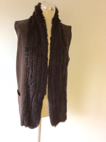 MARC AUREL BROWN WOOL & RABBIT FUR TRIM SLEEVELESS CARDIGAN SIZE 44 UK 16 - Whispers Dress Agency - Sold - 2