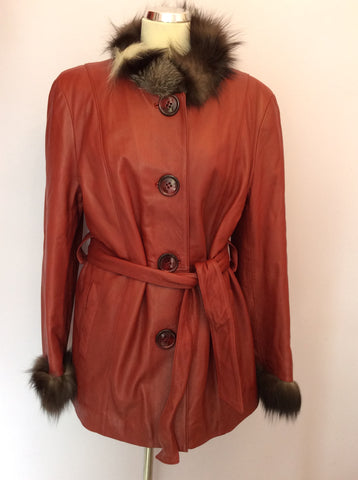 MUNPUR DEEP RED LEATHER BELTED FUR TRIM JACKET SIZE 42 UK 12 - Whispers Dress Agency - Womens Coats & Jackets - 1