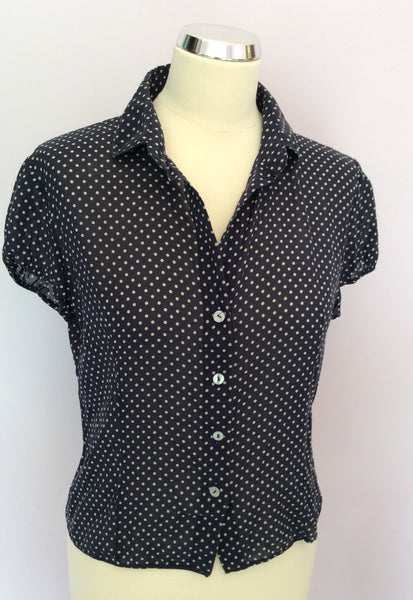 Hobbs Navy Blue & Beige Spot Silk Cap Sleeve Blouse Size 14 - Whispers Dress Agency - Sold - 1