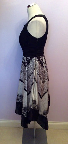 Brand New Sangria Black With Silver & White Print Handkerchief Hem Dress Size 10 - Whispers Dress Agency - Womens Dresses - 2