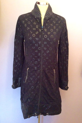 Pianurastudio Black Logo Print Zip Up Coat Size 44 UK 12 - Whispers Dress Agency - Sold - 1