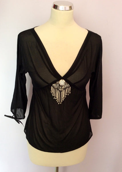 KAREN MILLEN BLACK BEADED TRIM V NECK TOP SIZE 8