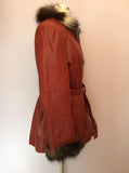 MUNPUR DEEP RED LEATHER BELTED FUR TRIM JACKET SIZE 42 UK 12 - Whispers Dress Agency - Womens Coats & Jackets - 4