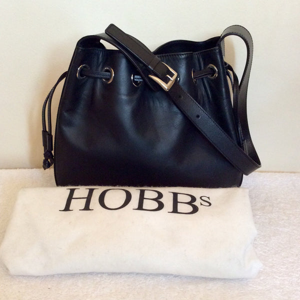 Hobbs Black Leather Drawstring Shoulder Bag - Whispers Dress Agency - Shoulder Bags - 1