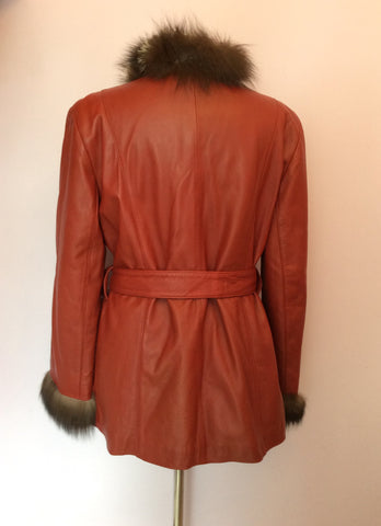 MUNPUR DEEP RED LEATHER BELTED FUR TRIM JACKET SIZE 42 UK 12 - Whispers Dress Agency - Womens Coats & Jackets - 3