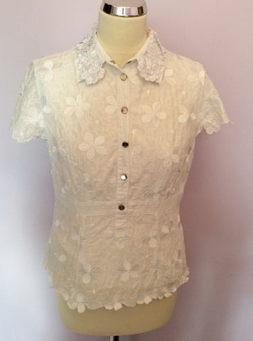 KAREN MILLEN WHITE COTTON FLORAL EMBROIDERED & APPLIQUE TRIM TOP SIZE 16 - Whispers Dress Agency - Sold - 1