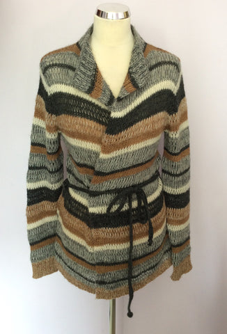 OUI MOMENTS TAN,CREAM & GREY STRIPE WOOL CARDIGAN SIZE S - Whispers Dress Agency - Womens Knitwear - 1