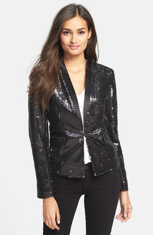 DESIGNER MAJE BLACK & SILVER SEQUINNED EVENING JACKET SIZE 40 UK 12 - Whispers Dress Agency - Womens Coats & Jackets - 1